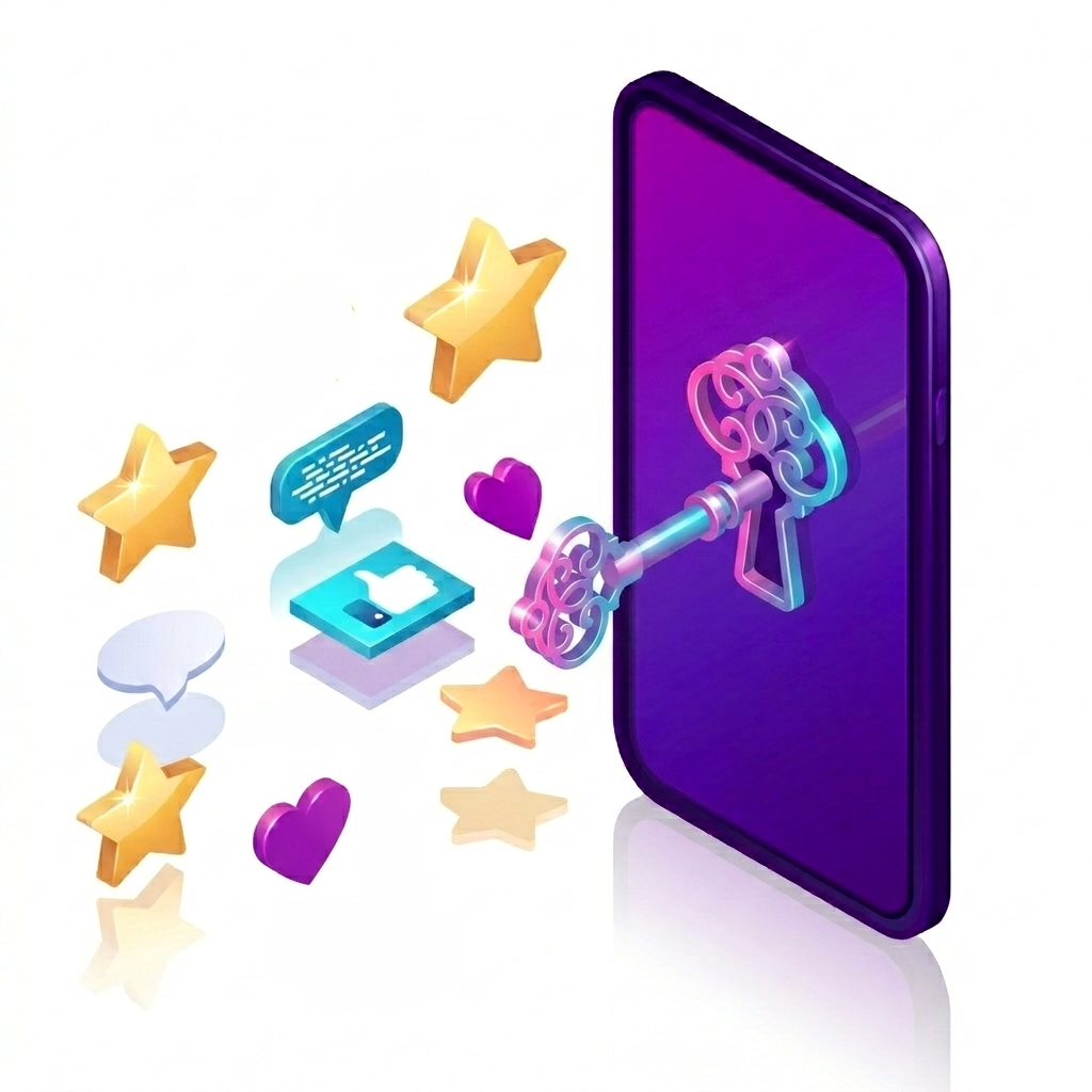 Illustration d'un smartphone violet aimantant des icônes de likes, commentaires et réactions, symbolisant l'engagement sur les réseaux sociaux